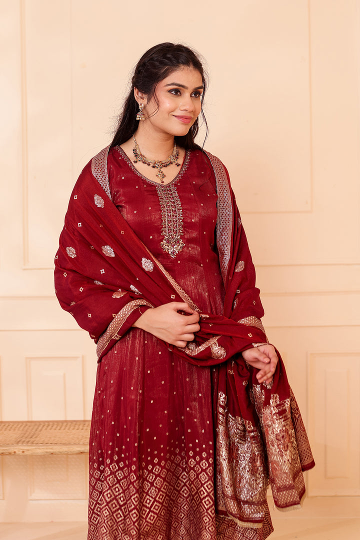 Burgundy Gajji Silk Anarkali Suit.