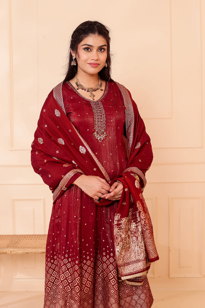 Burgundy Gajji Silk Anarkali Suit.