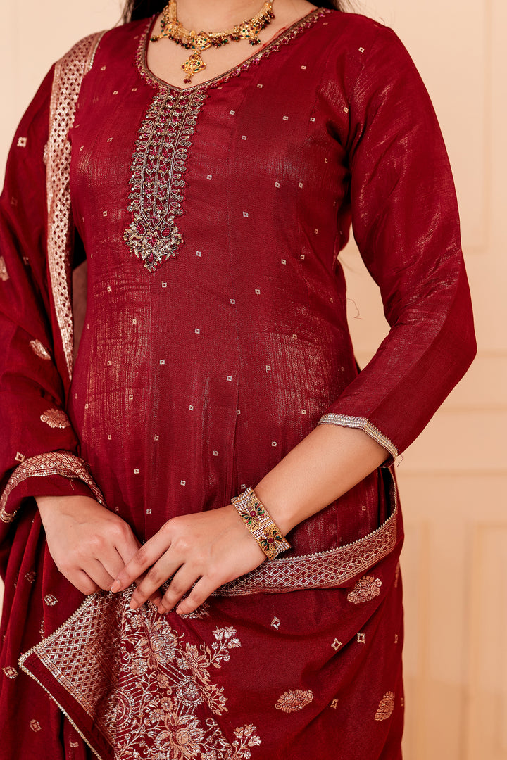 Burgundy Gajji Silk Anarkali Suit.