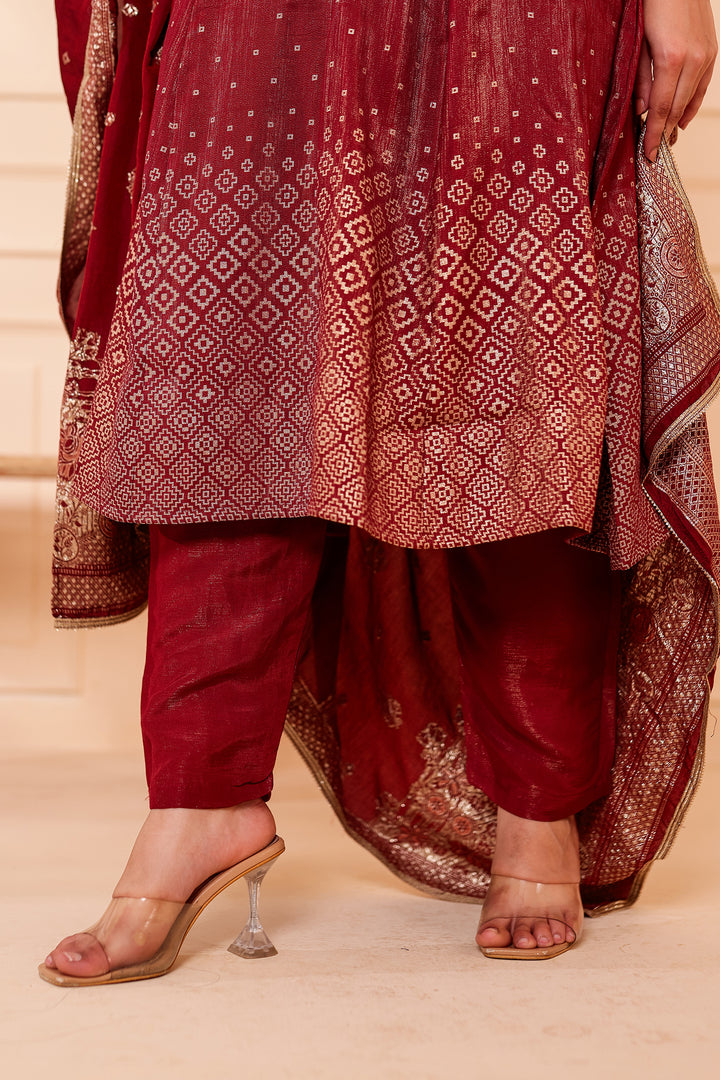Burgundy Gajji Silk Anarkali Suit.