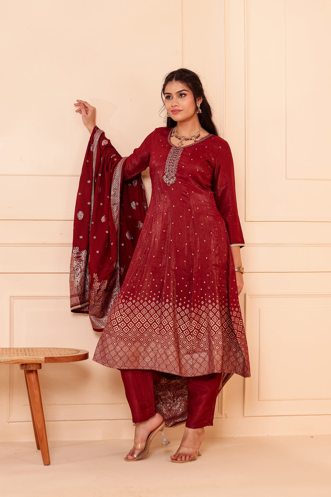 Burgundy Gajji Silk Anarkali Suit.