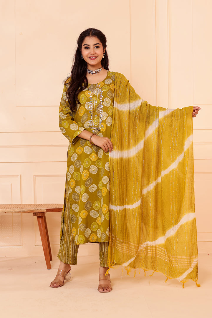 Mehndi Green Straight Cut Rayon Kurta Set with Mirror work.