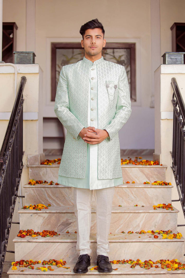 Sea Blue Raw Silk Jacket Style Indo-wester Suit.