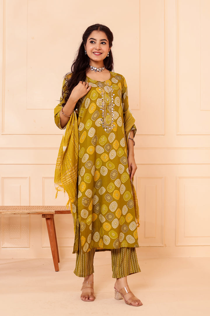 Mehndi Green Straight Cut Rayon Kurta Set with Mirror work.