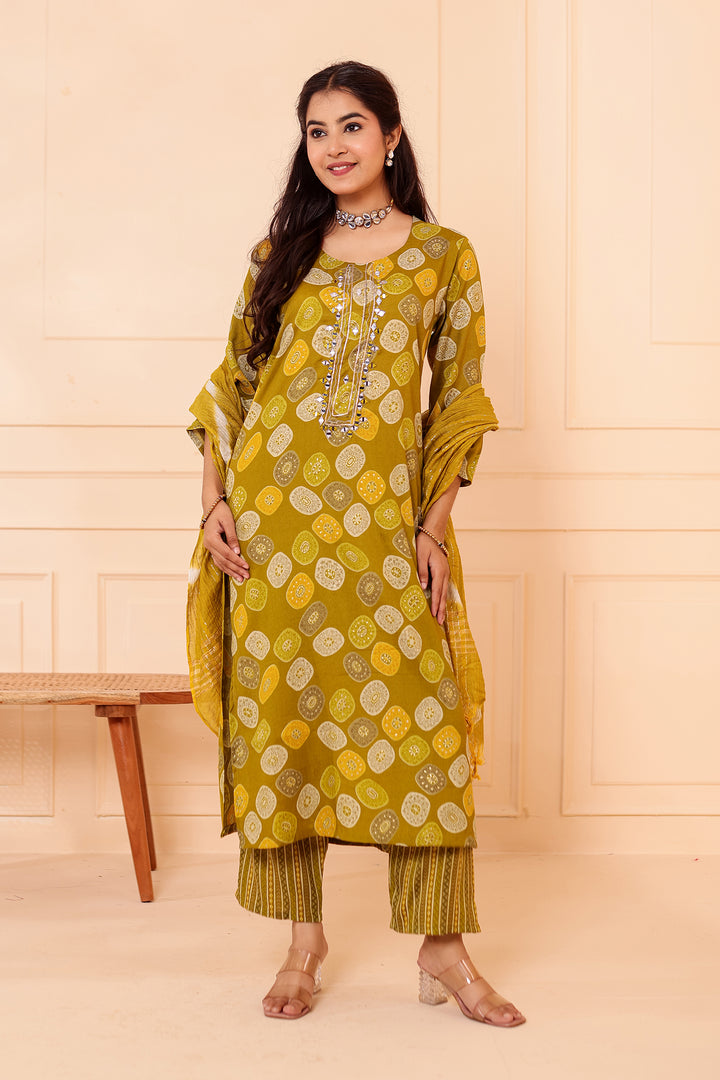 Mehndi Green Straight Cut Rayon Kurta Set with Mirror work.