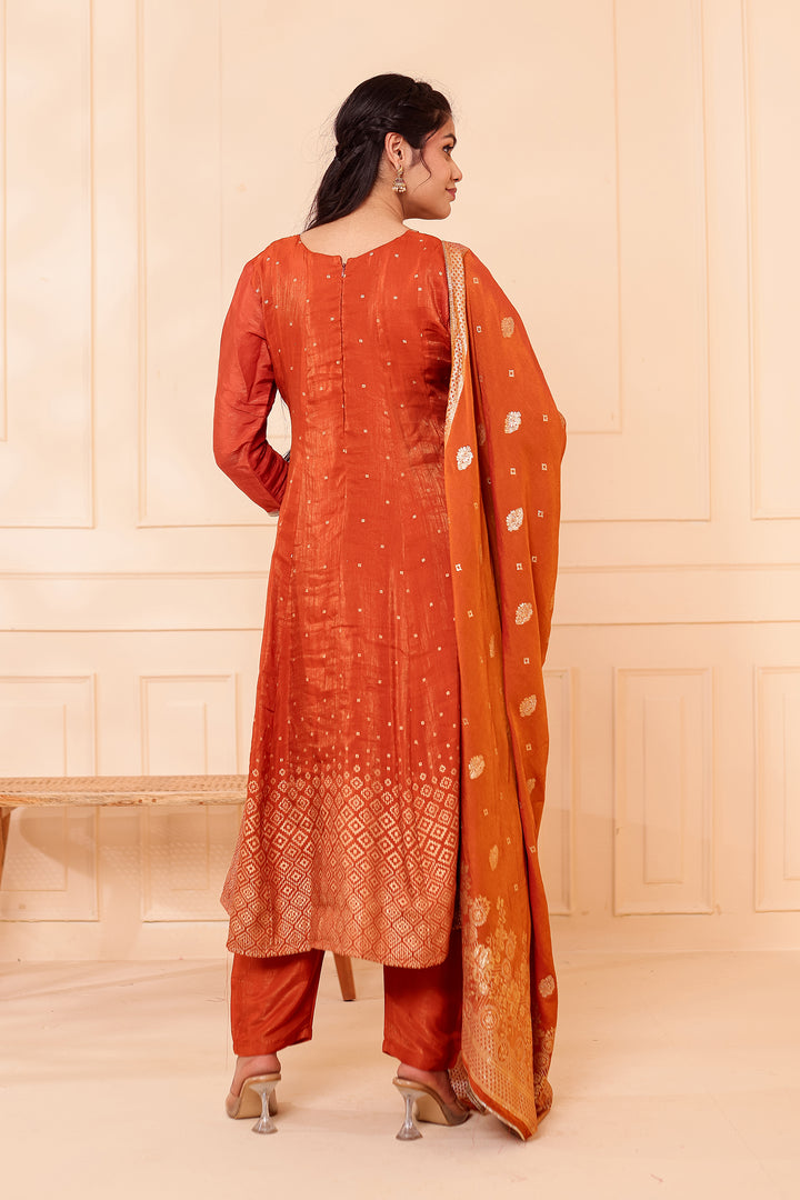 Rust Gajji Silk Anarkali Suit.