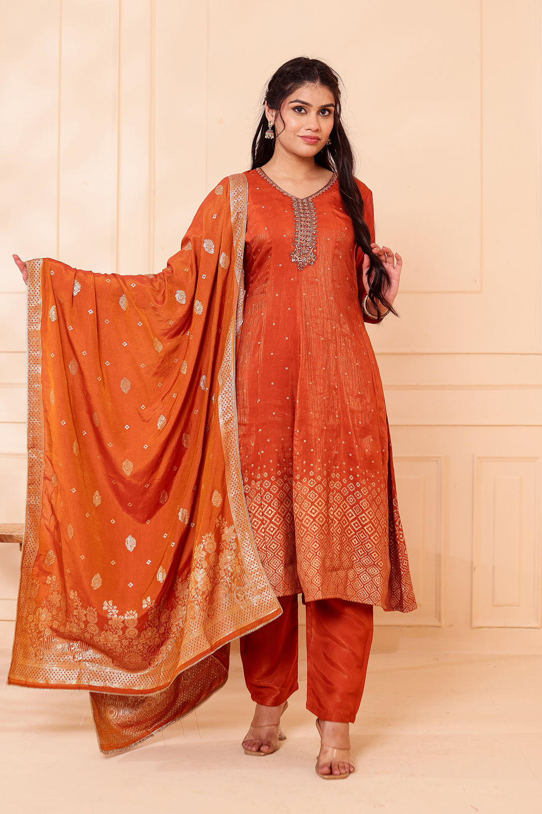 Rust Gajji Silk Anarkali Suit.