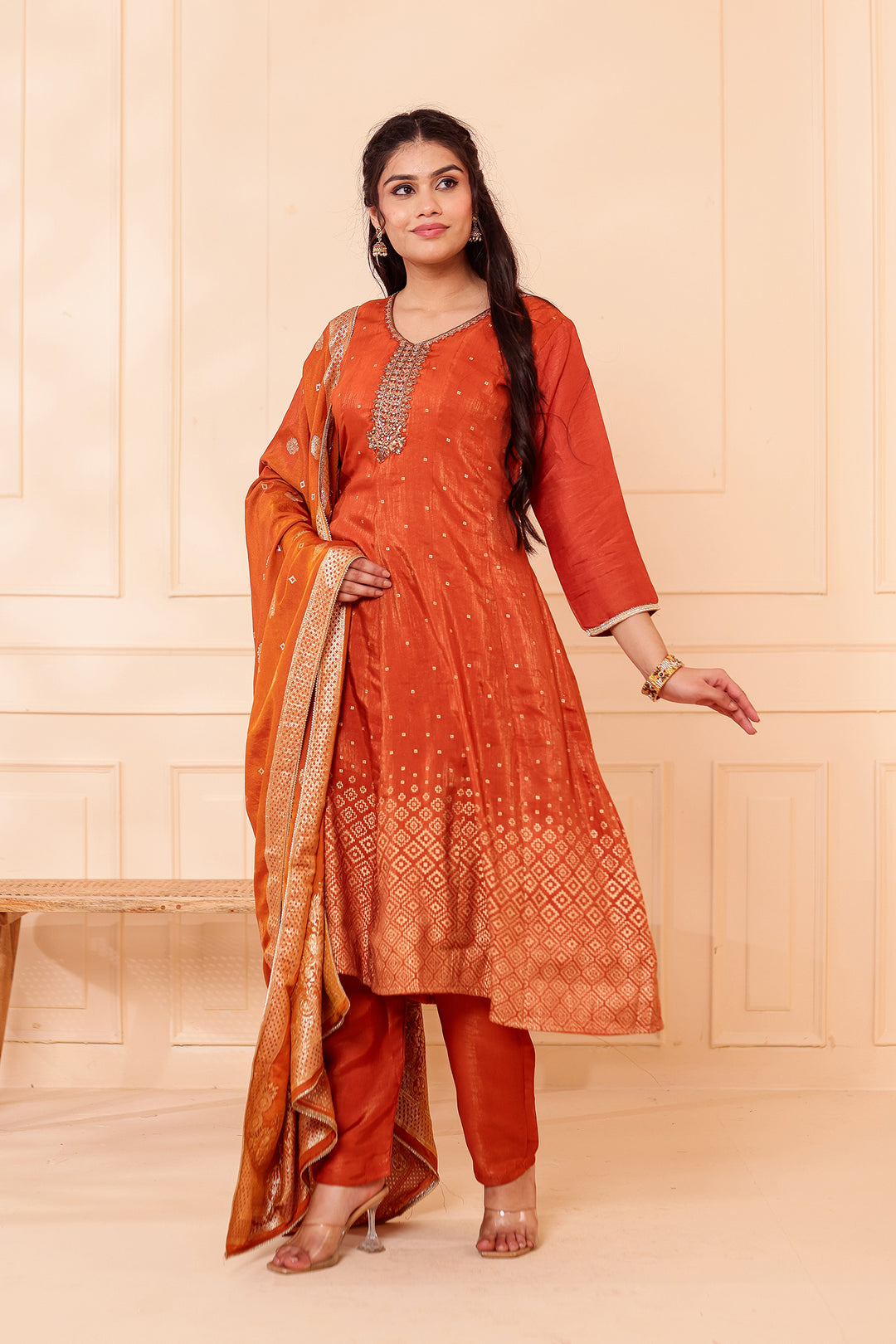 Rust Gajji Silk Anarkali Suit.