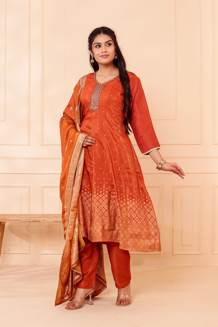 Rust Gajji Silk Anarkali Suit.