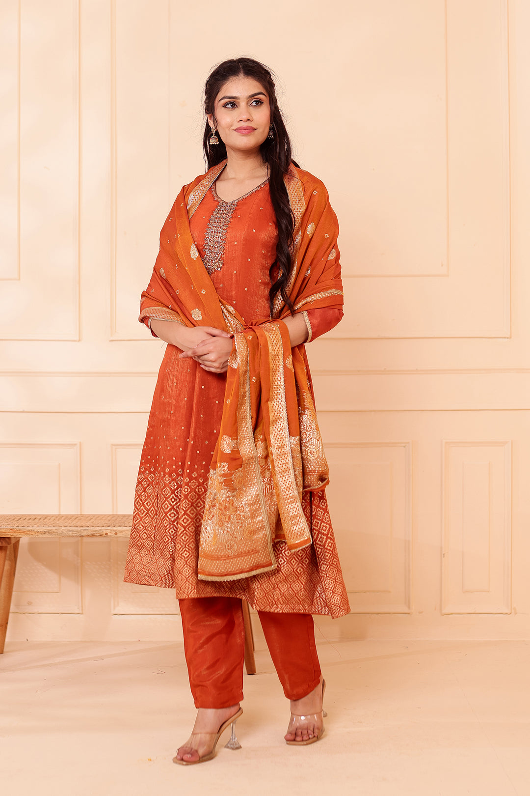 Rust Gajji Silk Anarkali Suit.