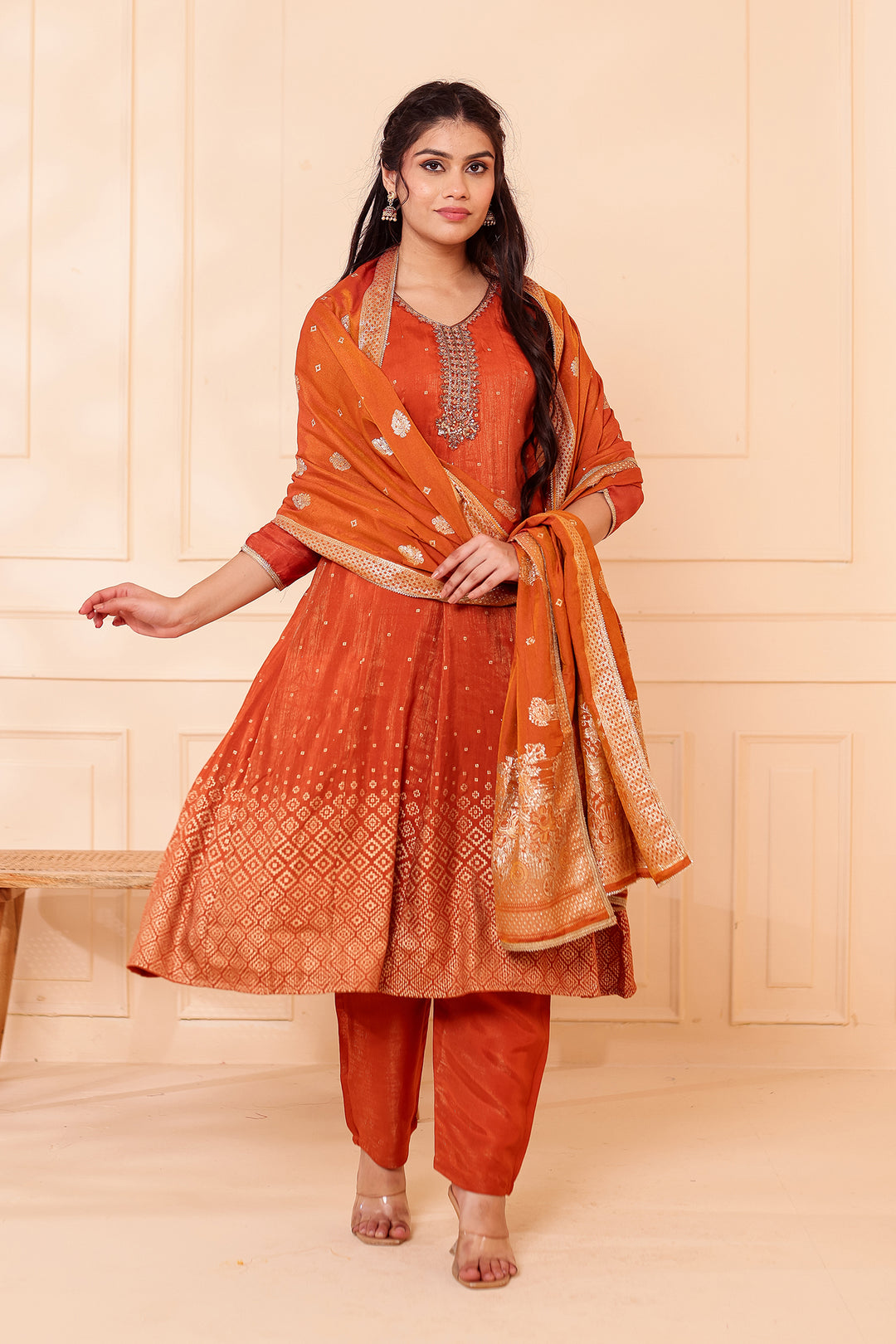 Rust Gajji Silk Anarkali Suit.