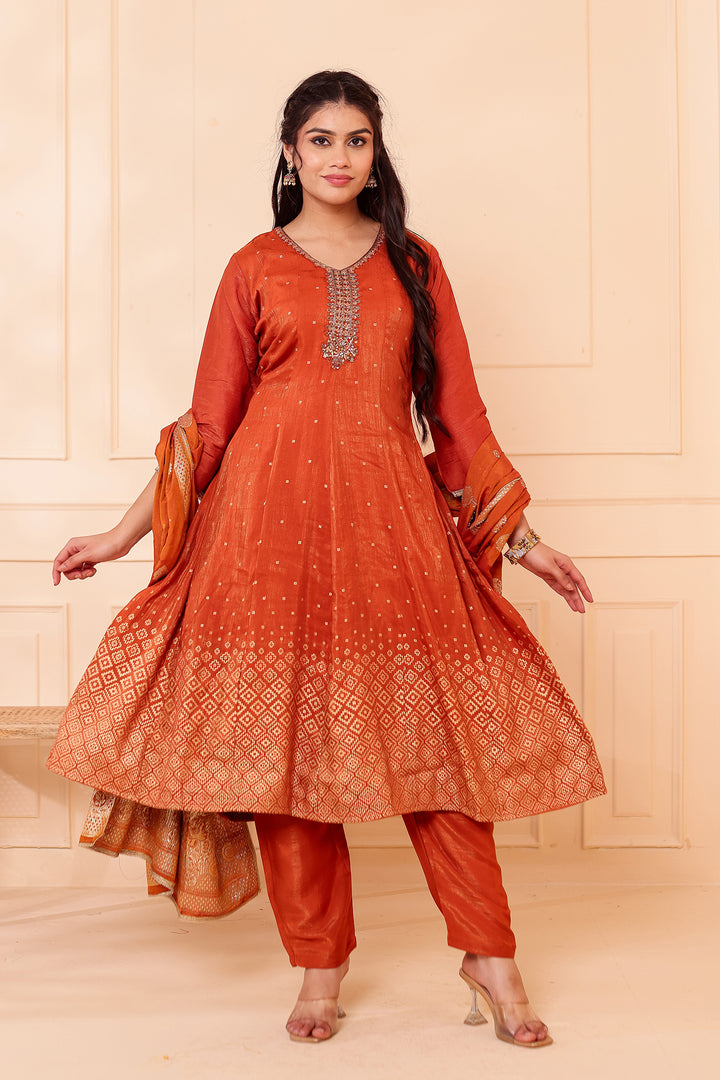 Rust Gajji Silk Anarkali Suit.