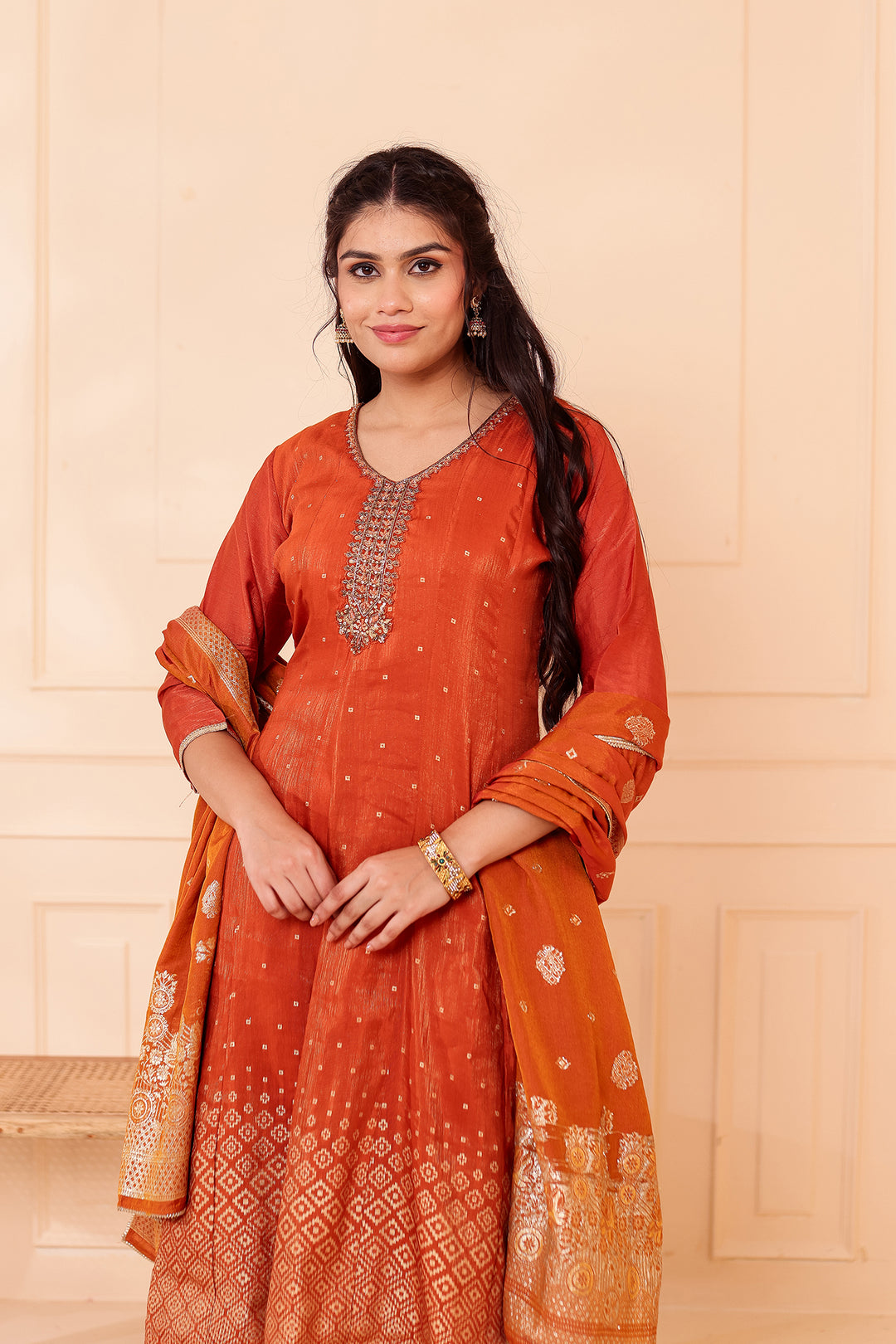 Rust Gajji Silk Anarkali Suit.