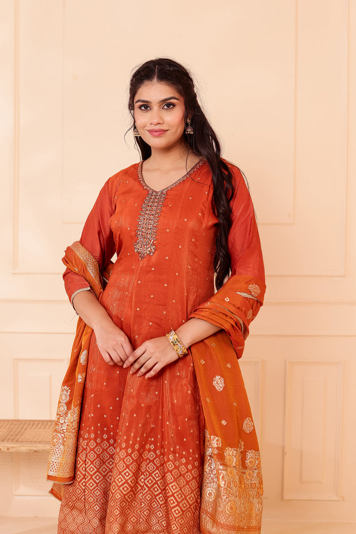 Rust Gajji Silk Anarkali Suit.