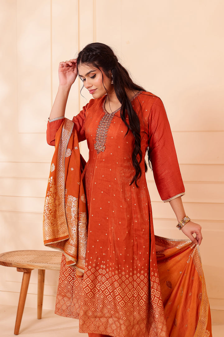 Rust Gajji Silk Anarkali Suit.