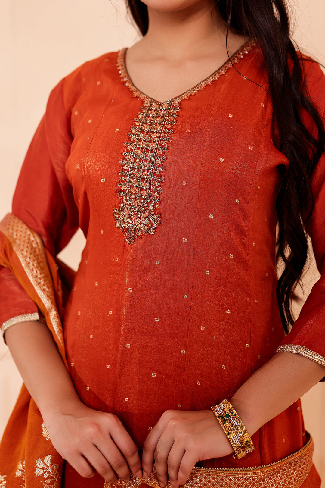 Rust Gajji Silk Anarkali Suit.