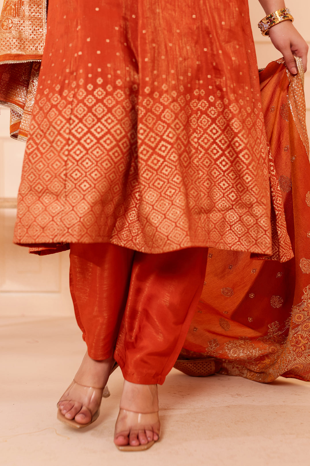 Rust Gajji Silk Anarkali Suit.