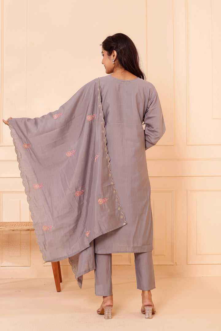 Grey Roman Silk Straight Cut Kurta Set with Floral Embroidery.
