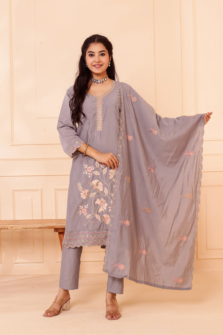 Grey Roman Silk Straight Cut Kurta Set with Floral Embroidery.