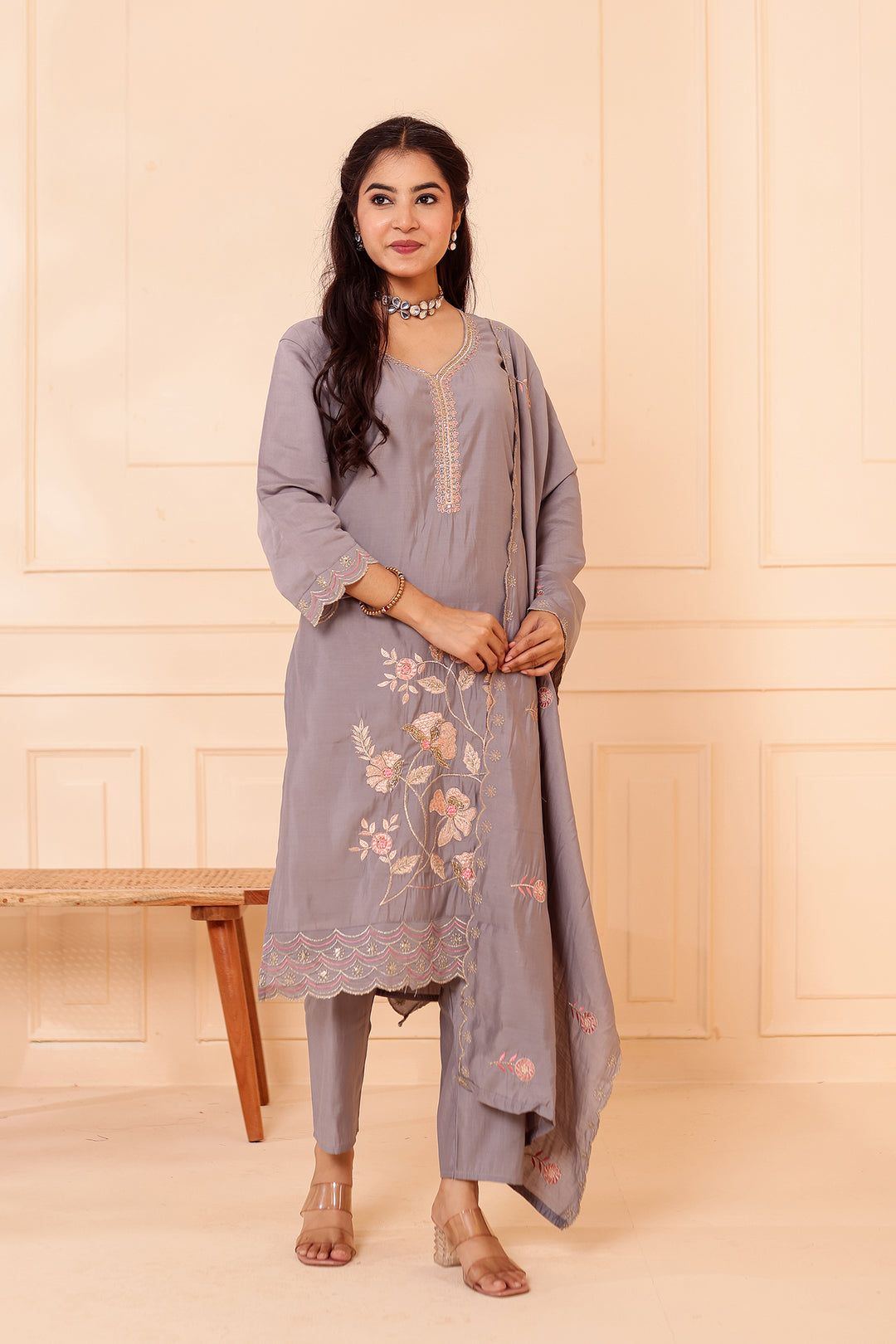 Grey Roman Silk Straight Cut Kurta Set with Floral Embroidery.