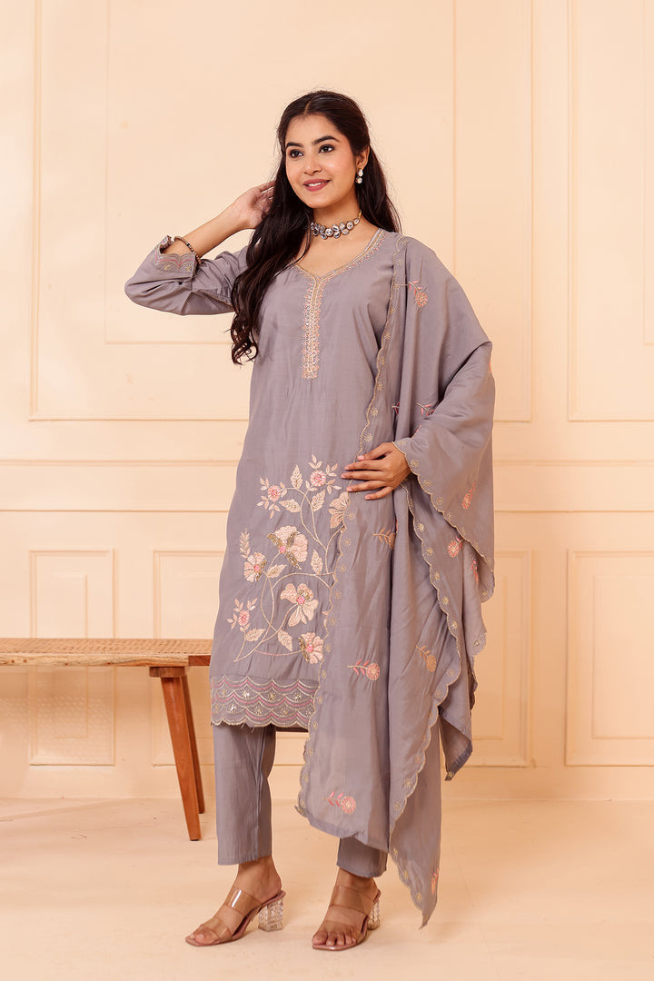 Grey Roman Silk Straight Cut Kurta Set with Floral Embroidery.