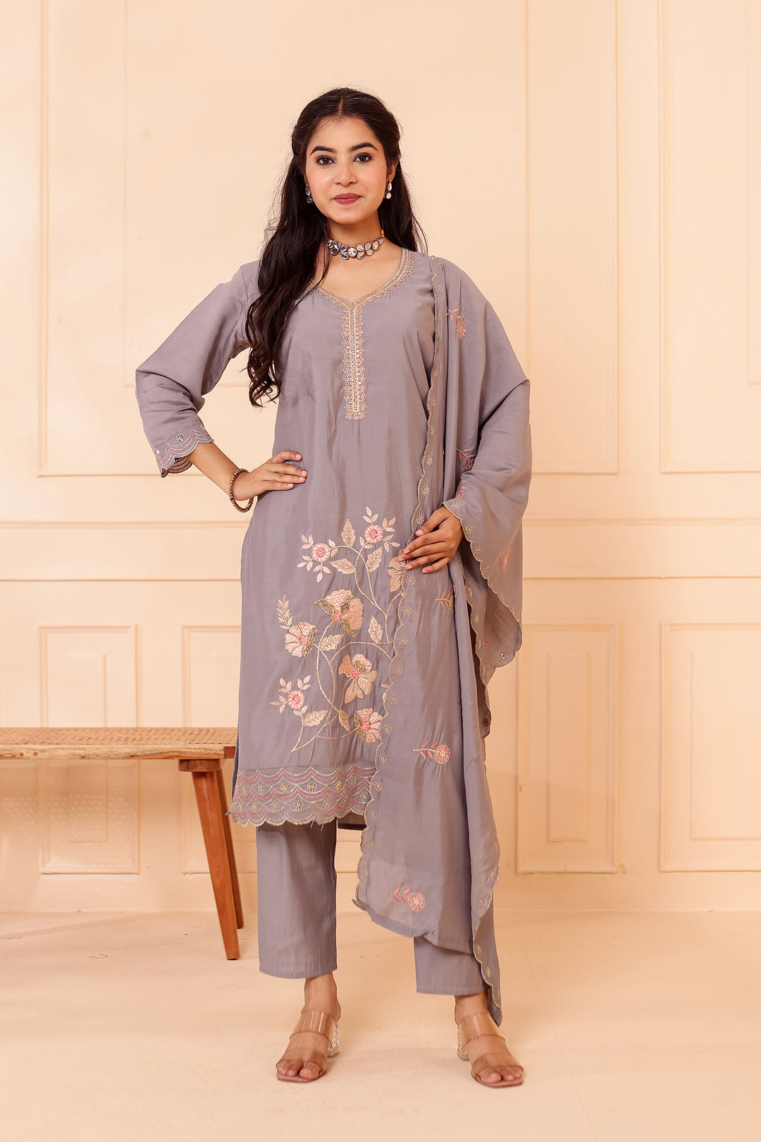 Grey Roman Silk Straight Cut Kurta Set with Floral Embroidery.