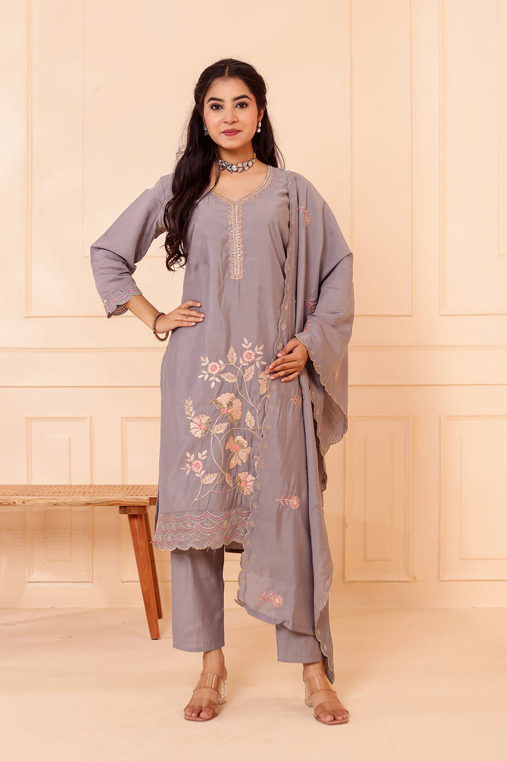 Grey Roman Silk Straight Cut Kurta Set with Floral Embroidery.