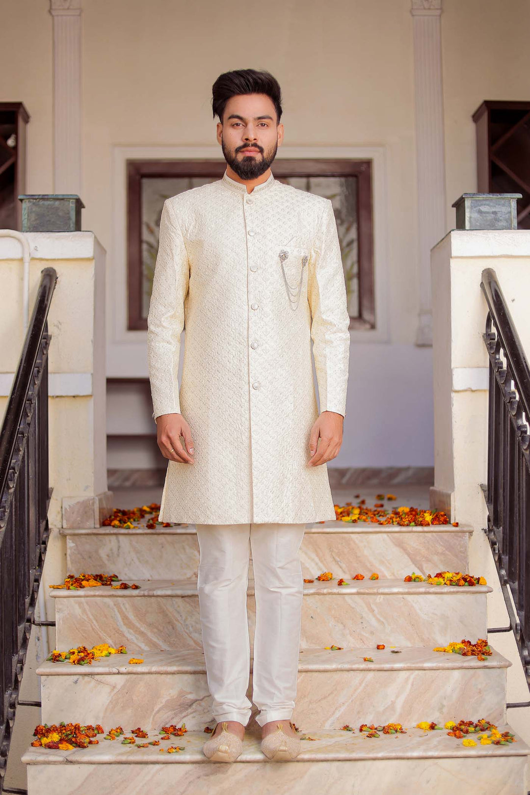 Cream Lucknowi Silk Indo-western Suit