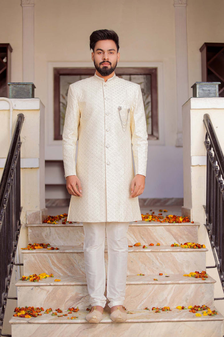 Cream Lucknowi Silk Indo-western Suit