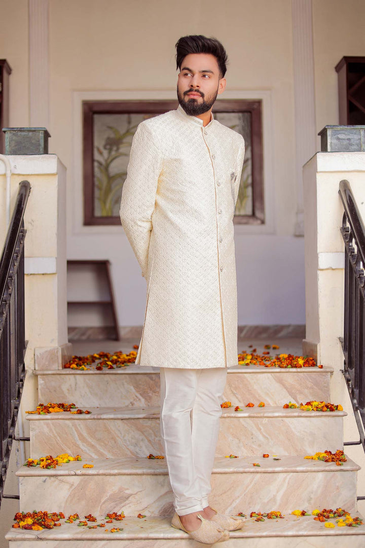 Cream Lucknowi Silk Indo-western Suit