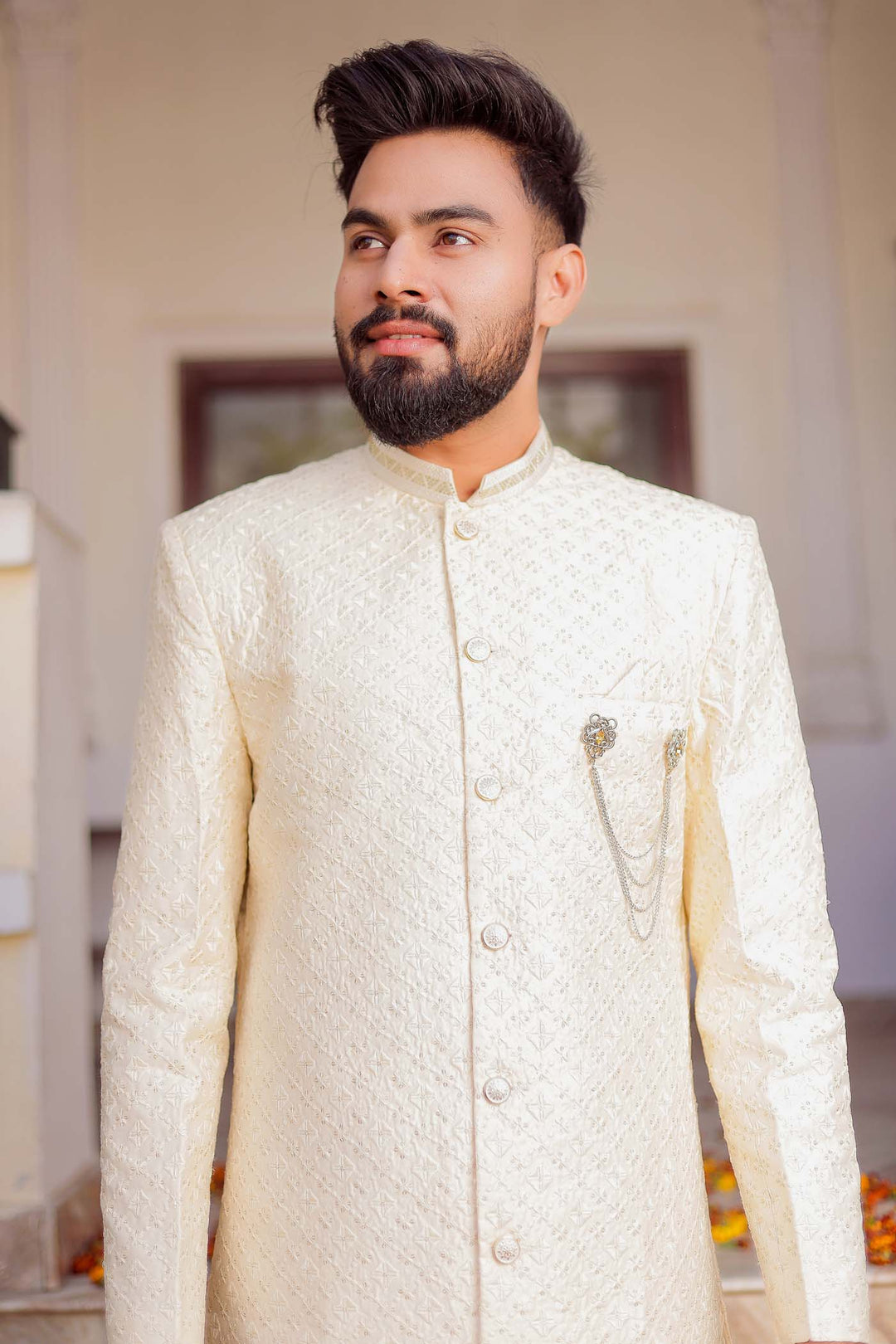 Cream Lucknowi Silk Indo-western Suit