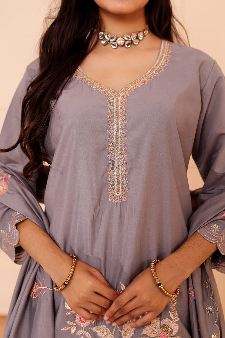 Grey Roman Silk Straight Cut Kurta Set with Floral Embroidery.