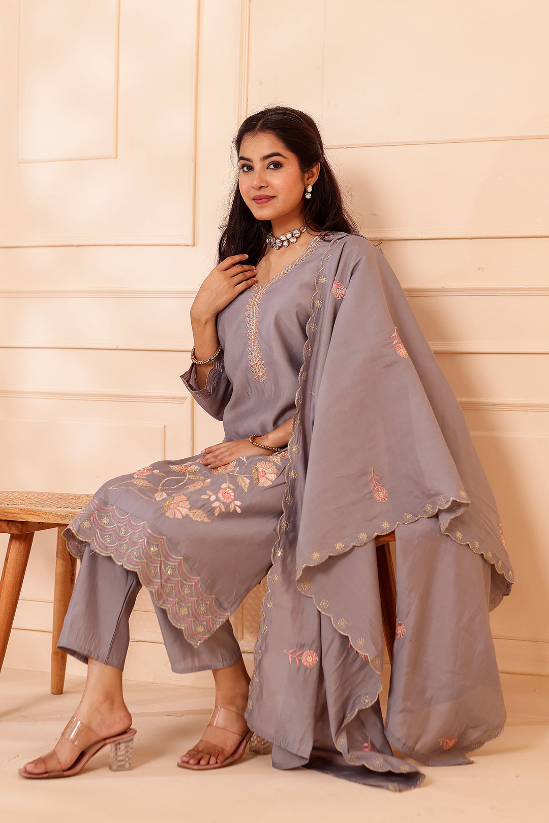 Grey Roman Silk Straight Cut Kurta Set with Floral Embroidery.