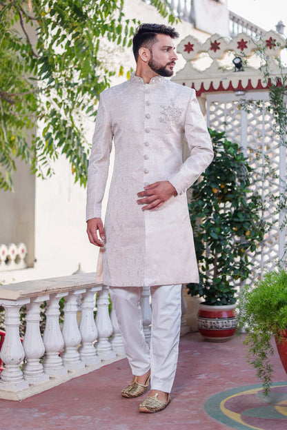 Light Pink Brocade Silk Indo-Western Suit with Zardosi Work.
