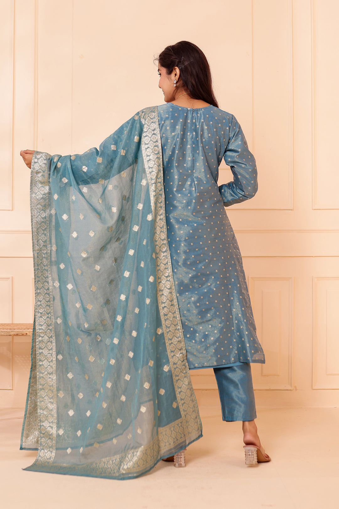 Ocean Blue Straight Cut Tissue Butti Suit.