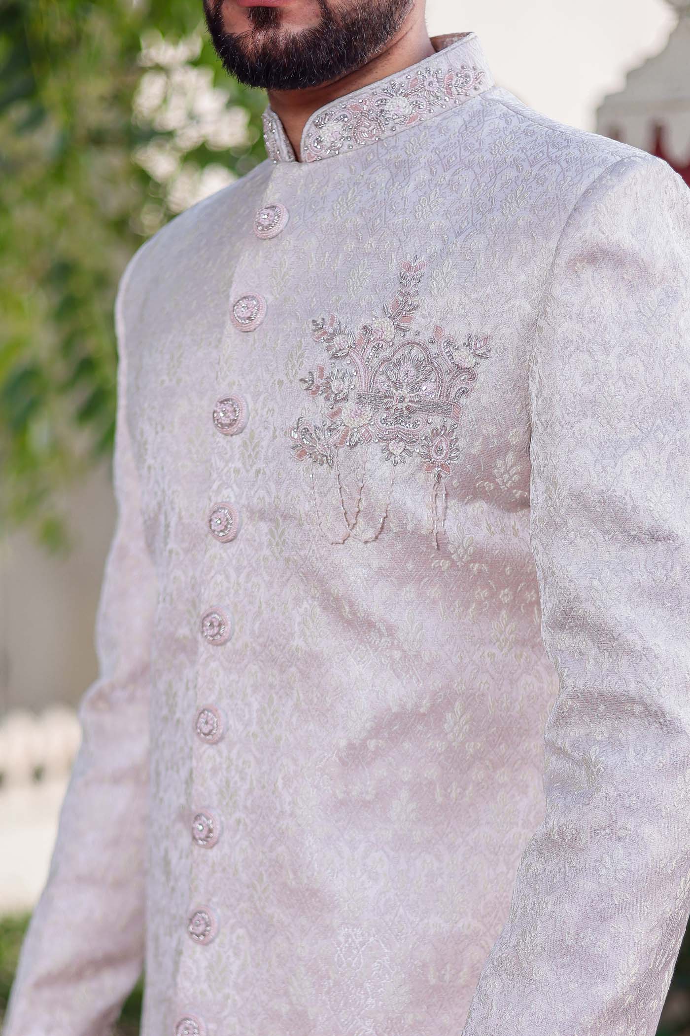 Light Pink Brocade Silk Indo-Western Suit with Zardosi Work.