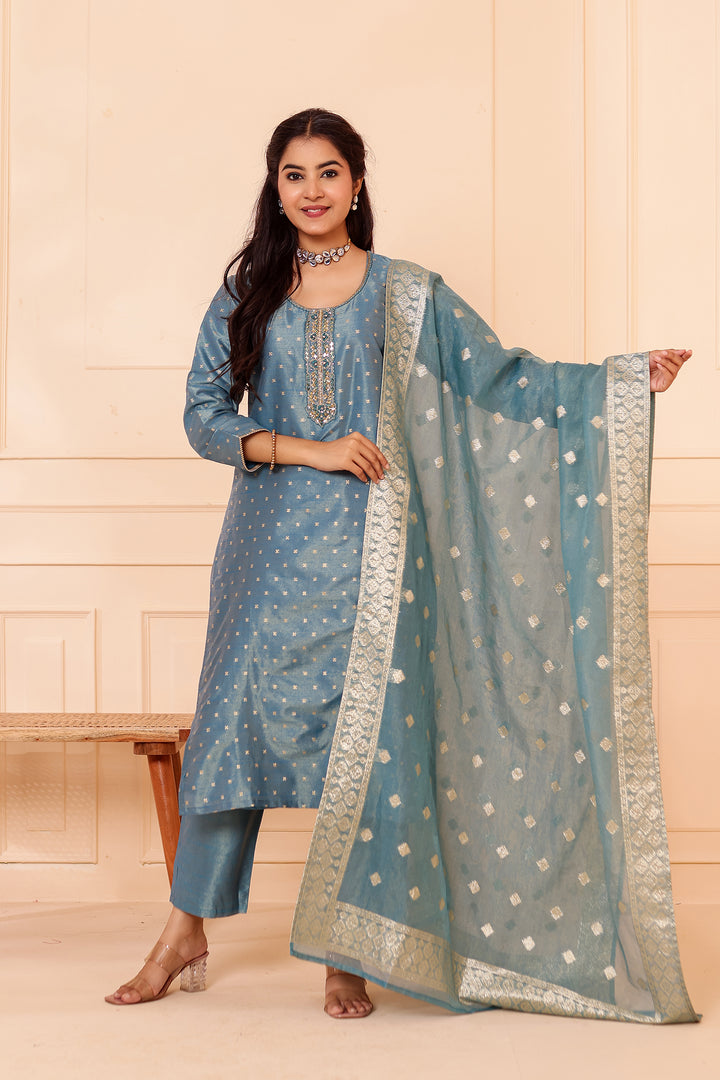 Ocean Blue Straight Cut Tissue Butti Suit.