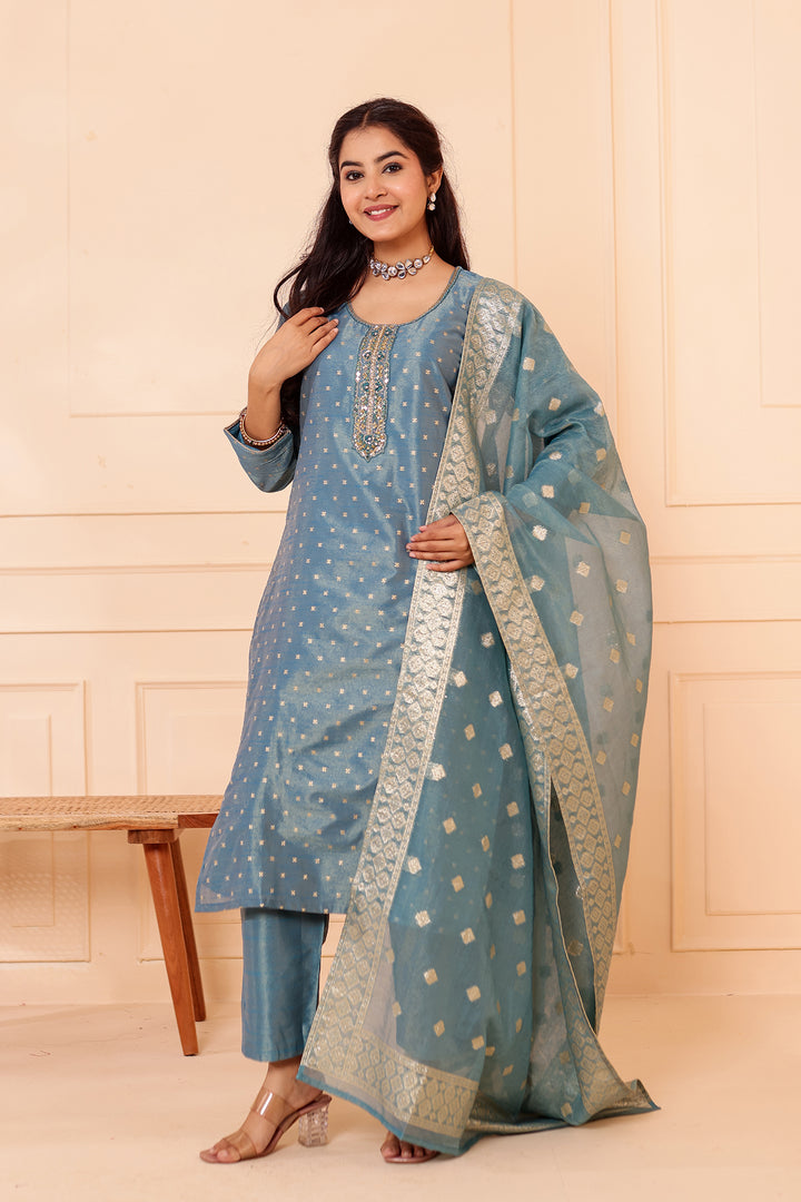 Ocean Blue Straight Cut Tissue Butti Suit.