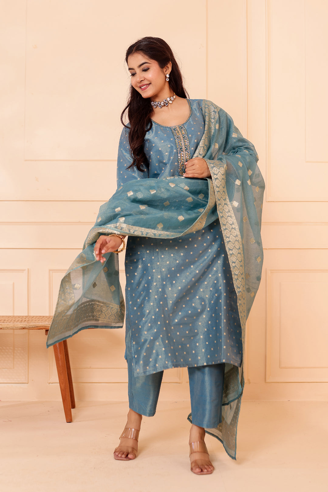 Ocean Blue Straight Cut Tissue Butti Suit.