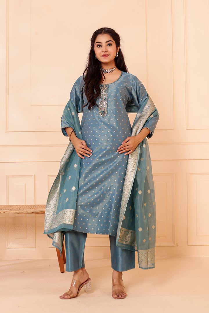 Ocean Blue Straight Cut Tissue Butti Suit.