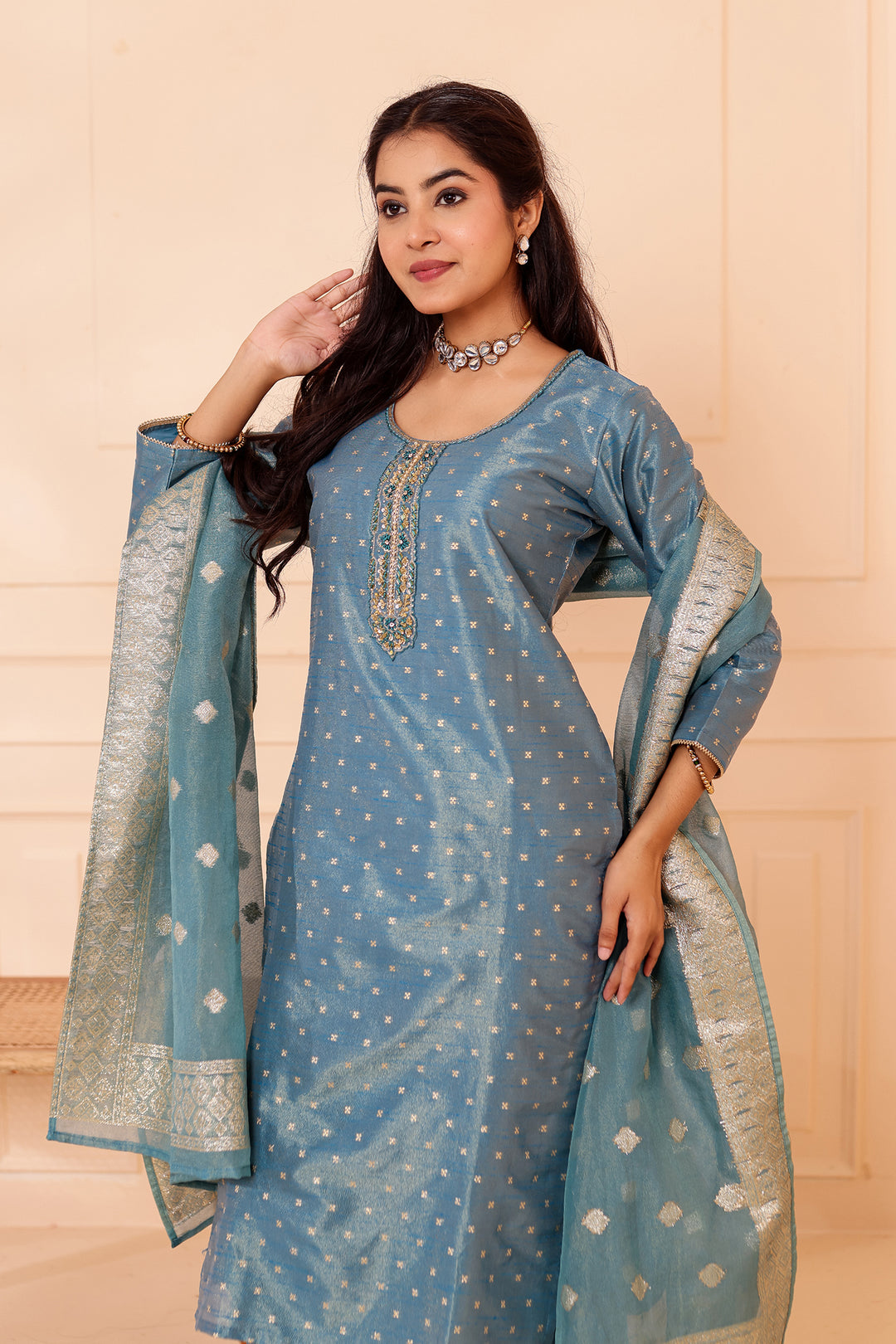 Ocean Blue Straight Cut Tissue Butti Suit.