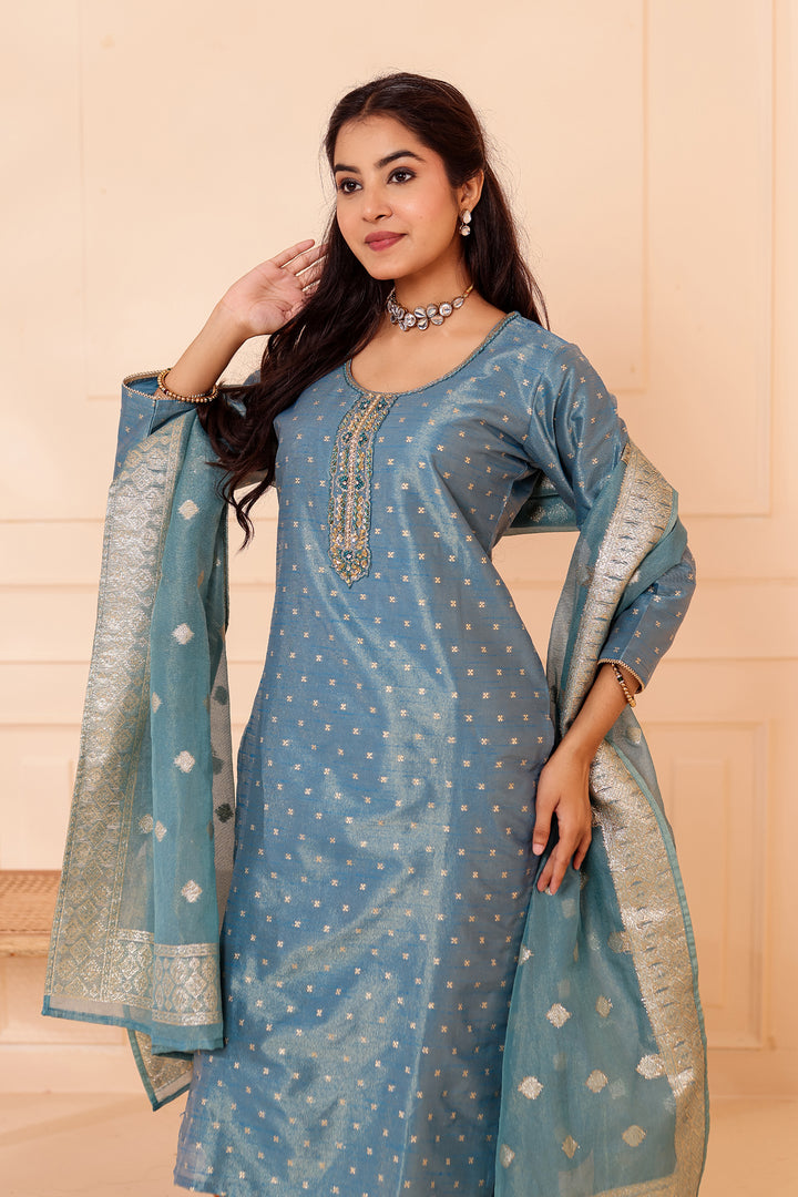 Ocean Blue Straight Cut Tissue Butti Suit.
