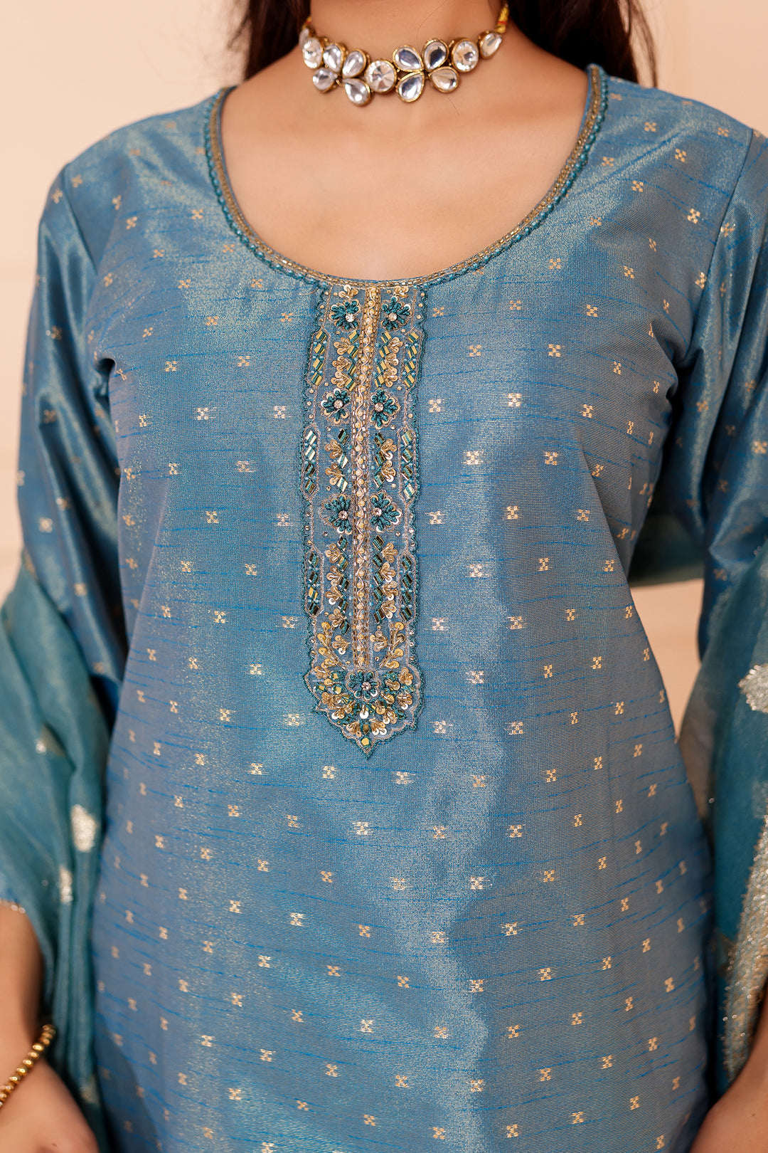 Ocean Blue Straight Cut Tissue Butti Suit.