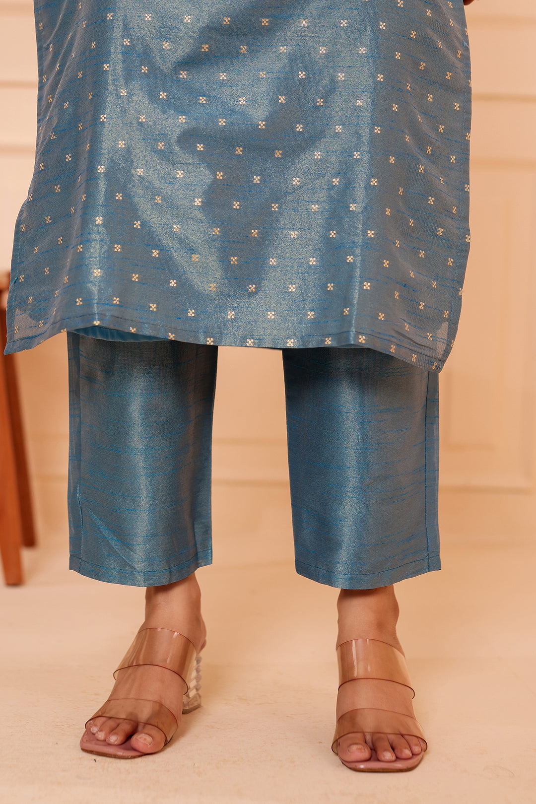 Ocean Blue Straight Cut Tissue Butti Suit.