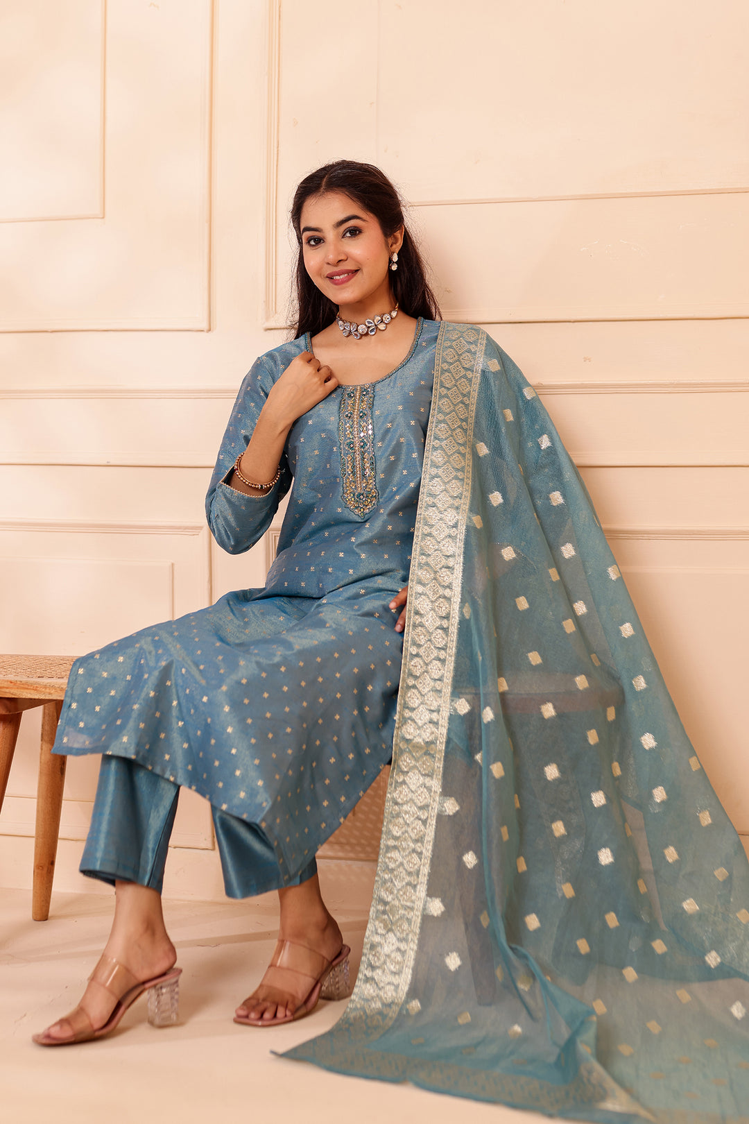 Ocean Blue Straight Cut Tissue Butti Suit.