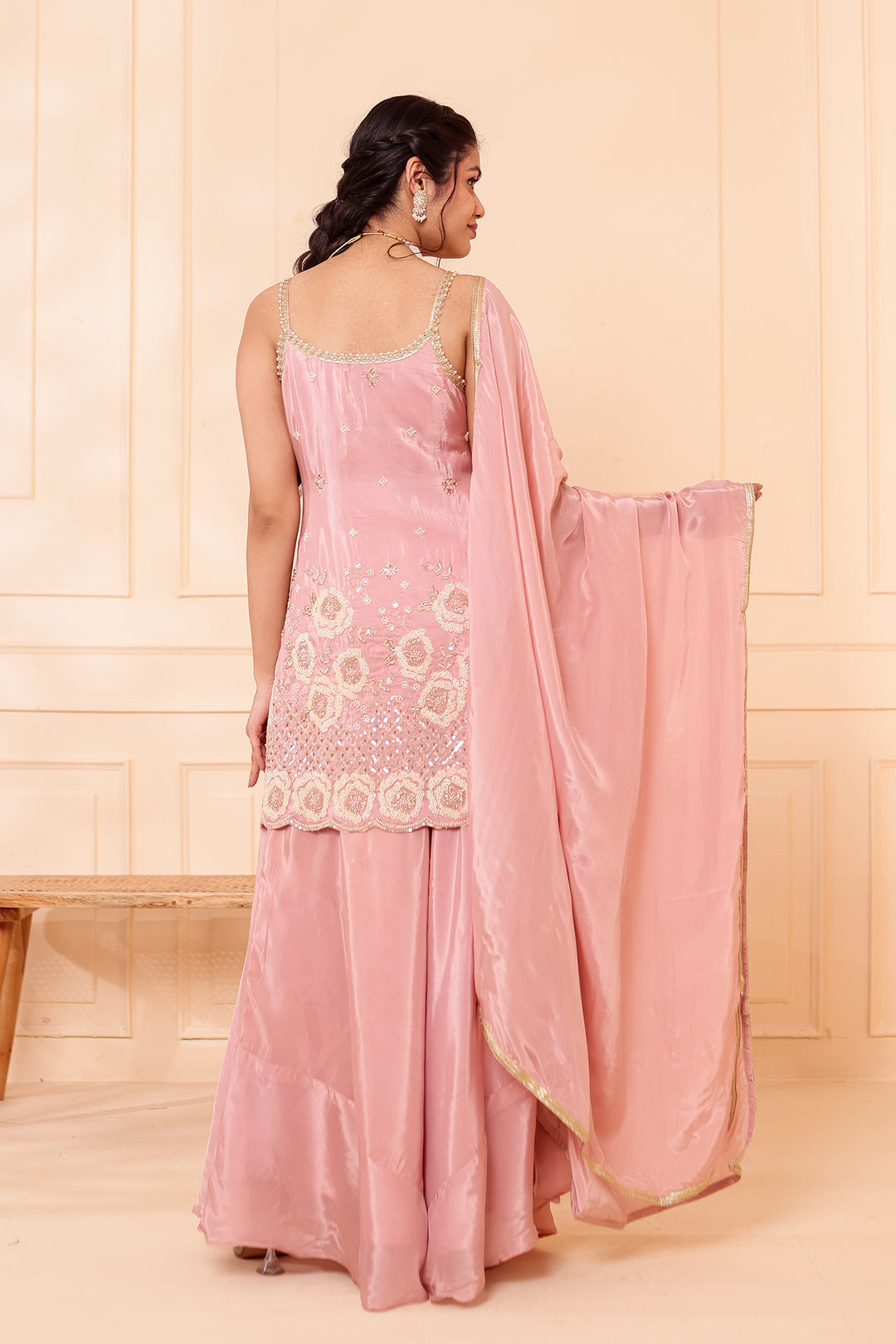 Dusty Pink Orgnaza Crepe Palazzo Suit.