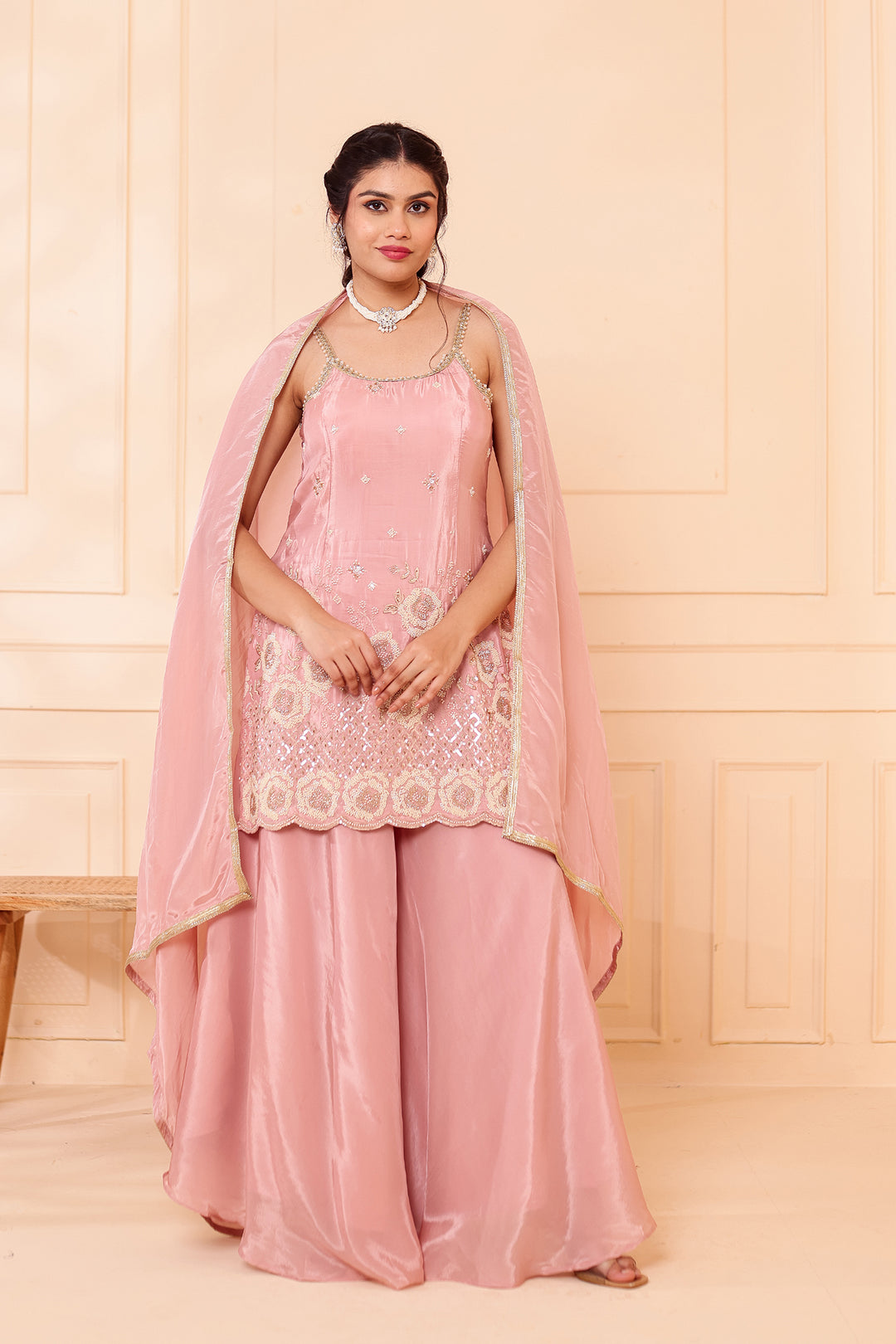 Dusty Pink Orgnaza Crepe Palazzo Suit.
