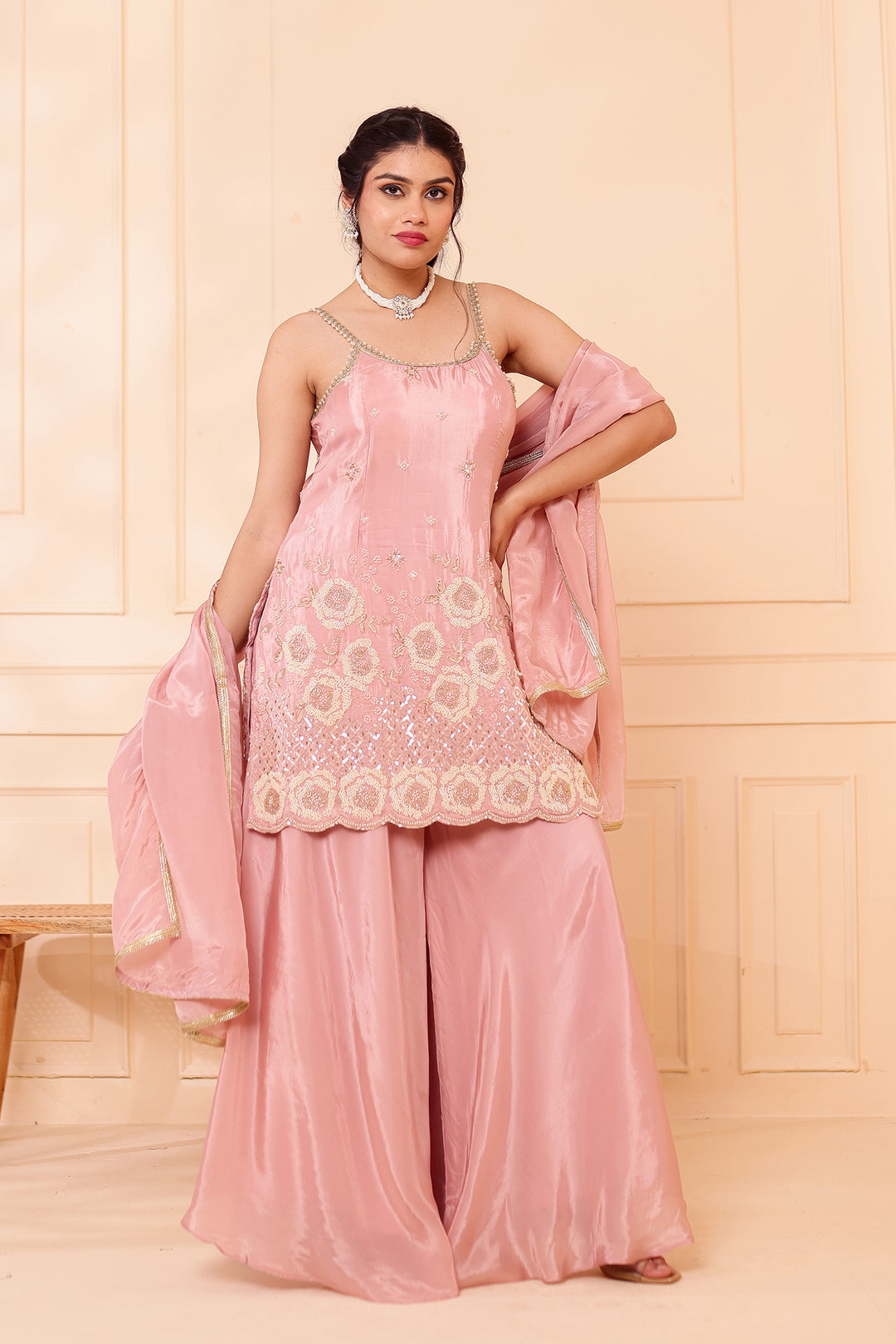 Dusty Pink Orgnaza Crepe Palazzo Suit.