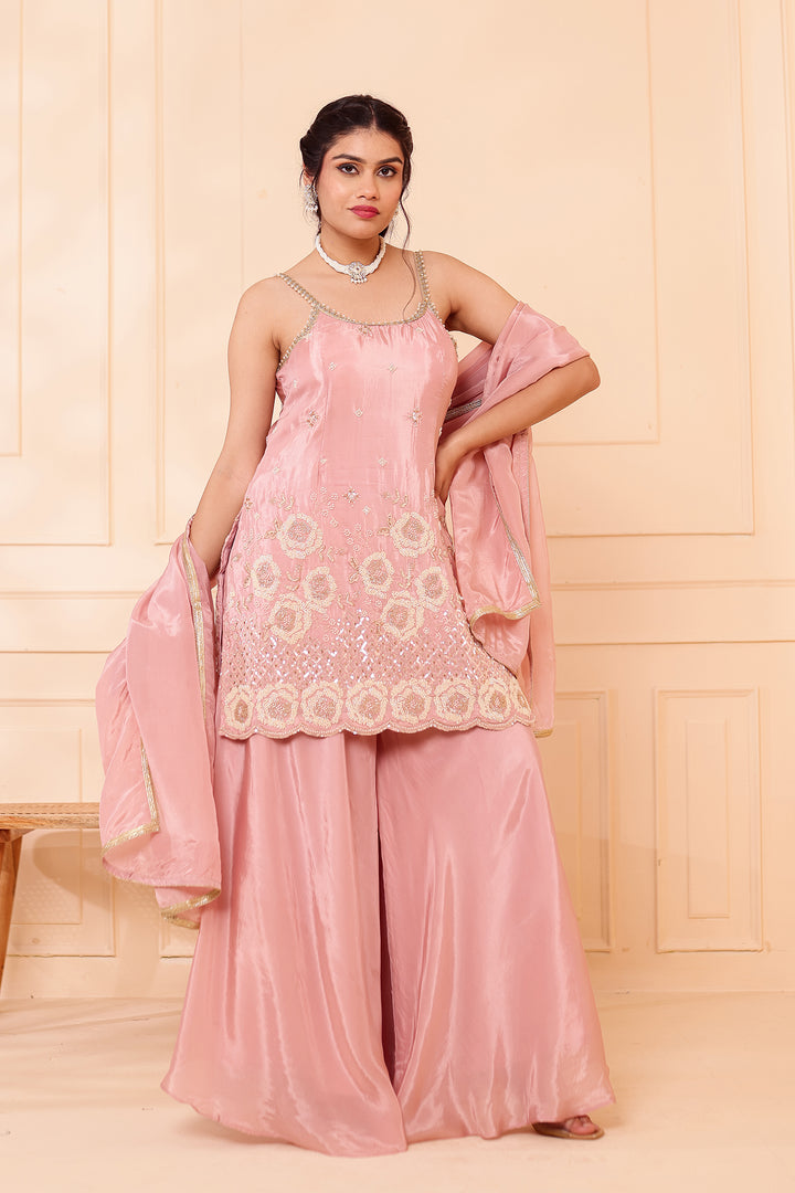Dusty Pink Orgnaza Crepe Palazzo Suit.