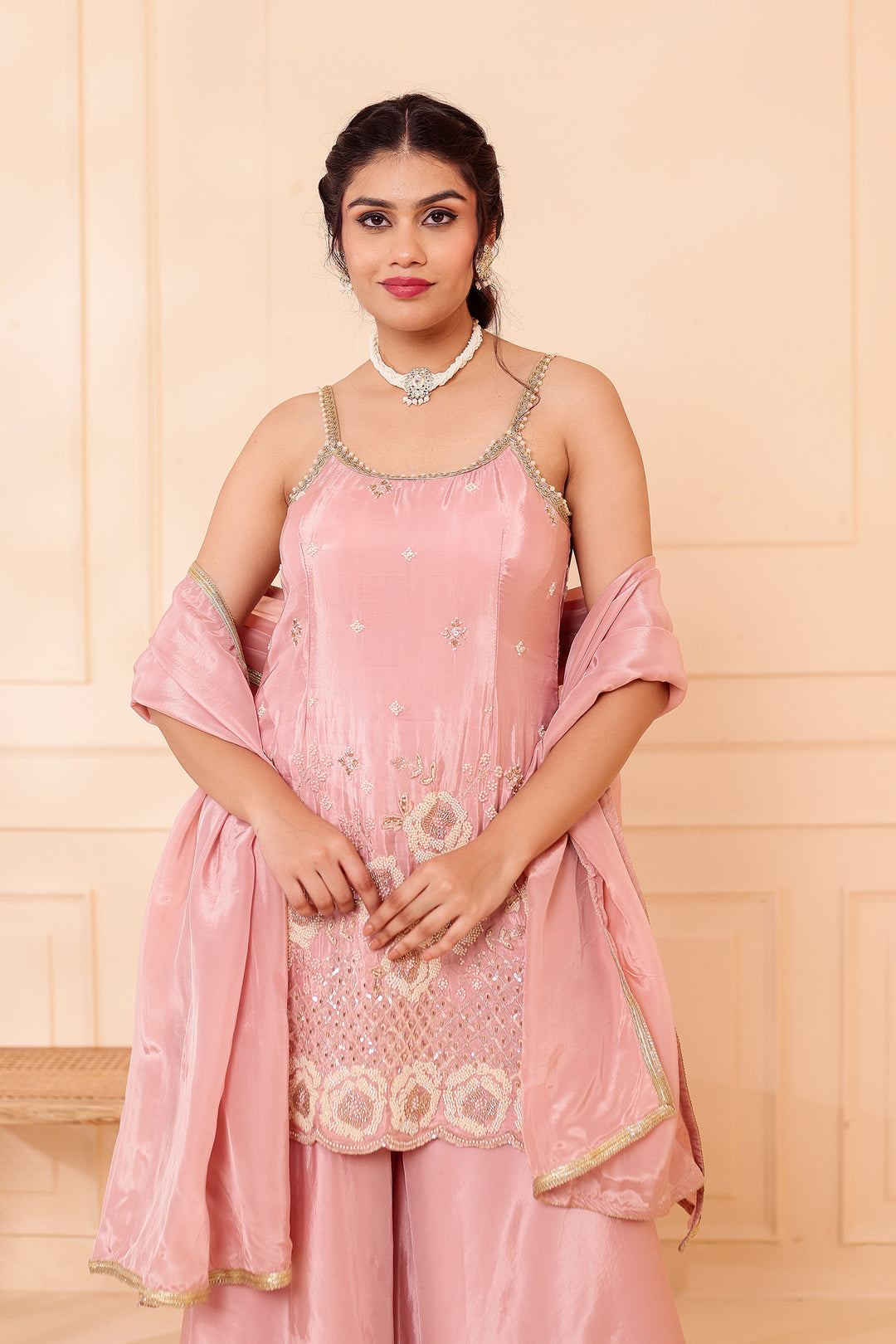 Dusty Pink Orgnaza Crepe Palazzo Suit.
